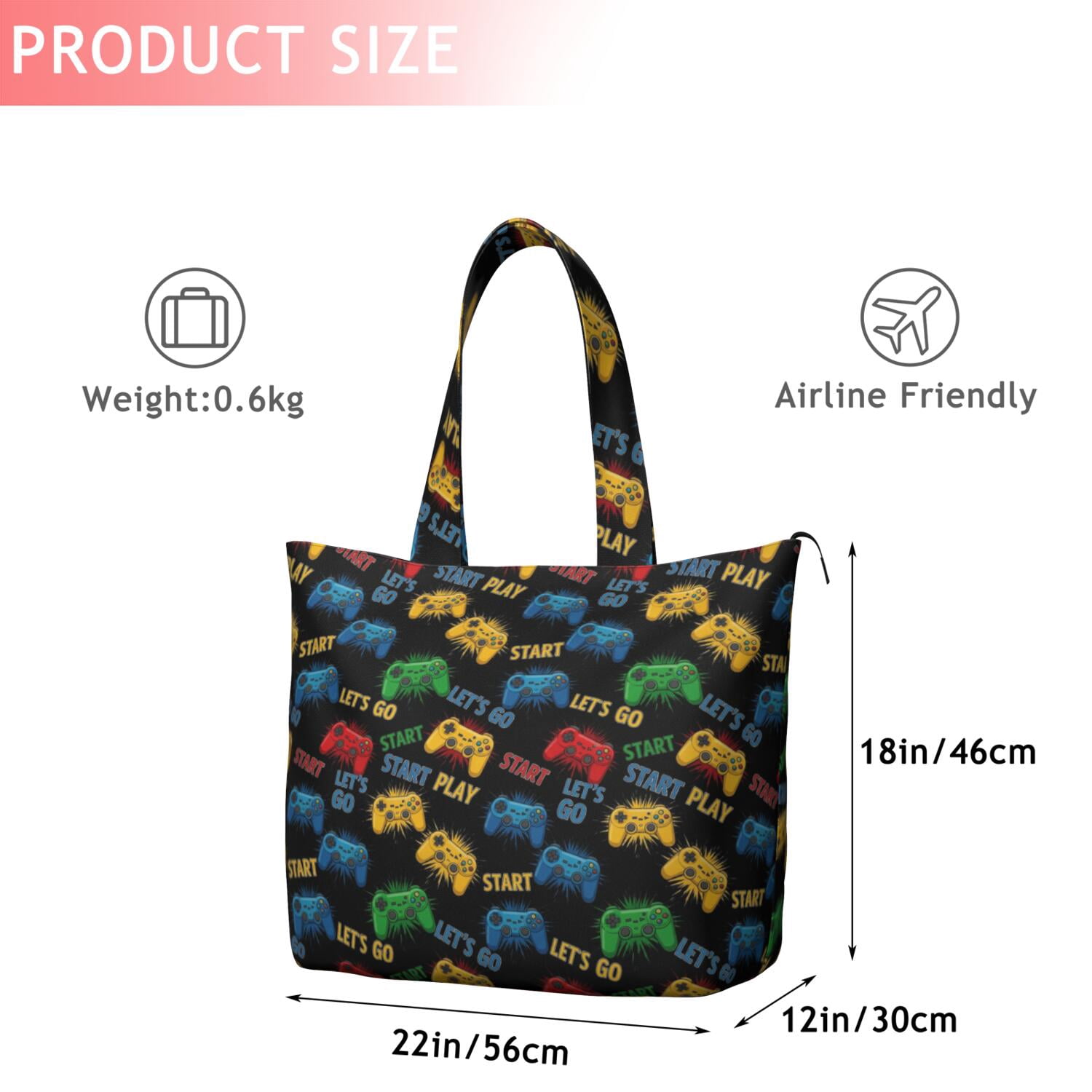 Colorful Controllers Games Icons Black Pattern Travel Tote Bags for Women Carry On,Large Weekender Bags for Women Travel,Multi Functional Duffle Bag for Work,Shopping,Sports