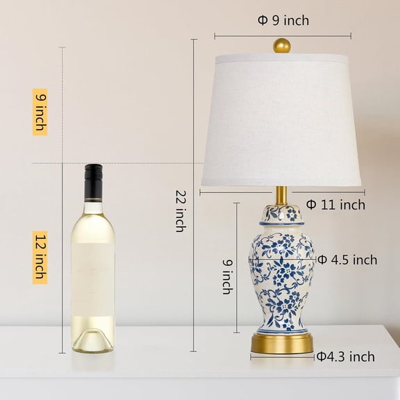 Chinoiserie Ceramic Table Lamps Set of 2 for Living Room Bedroom Bedside, Traditional Blue Porcelain Classic Table Lamp for Nightstand Entryway, 2 LED Bulbs Included (Gold)