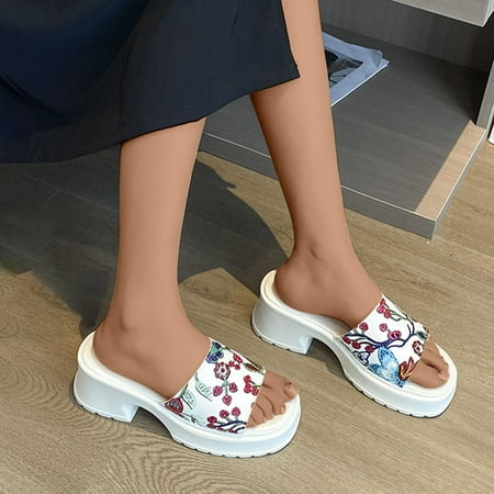 

Hvyesh Platform Sandals for Women Dressy Summer Flower Printed Slippers Sponge Sole Thick Sole Mules Straight Line Sandals Size 8.5