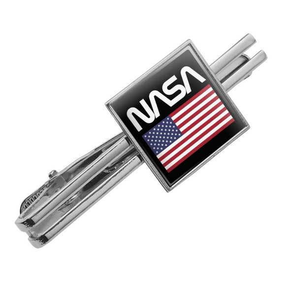 NASA Official Worm Logo United States USA Flag Square Tie Bar Clip Clasp Tack- Silver or Gold
