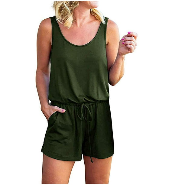 Women's V Neck Sleeveless Tank Romper Solid Drawstring Jumpsuit Summer  Casual Loose Shorts Rompers with Pockets (X-Large, Army Green) 