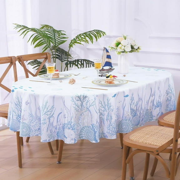 Coastal Table Cloth, Nautical Coral Seashell Decorative Tablecloth, Ocean Themed Starfish Waterproof Table Cover for Dining Table Kitchen Party Picnic Camping, Oval 60''''x84'''', Blue