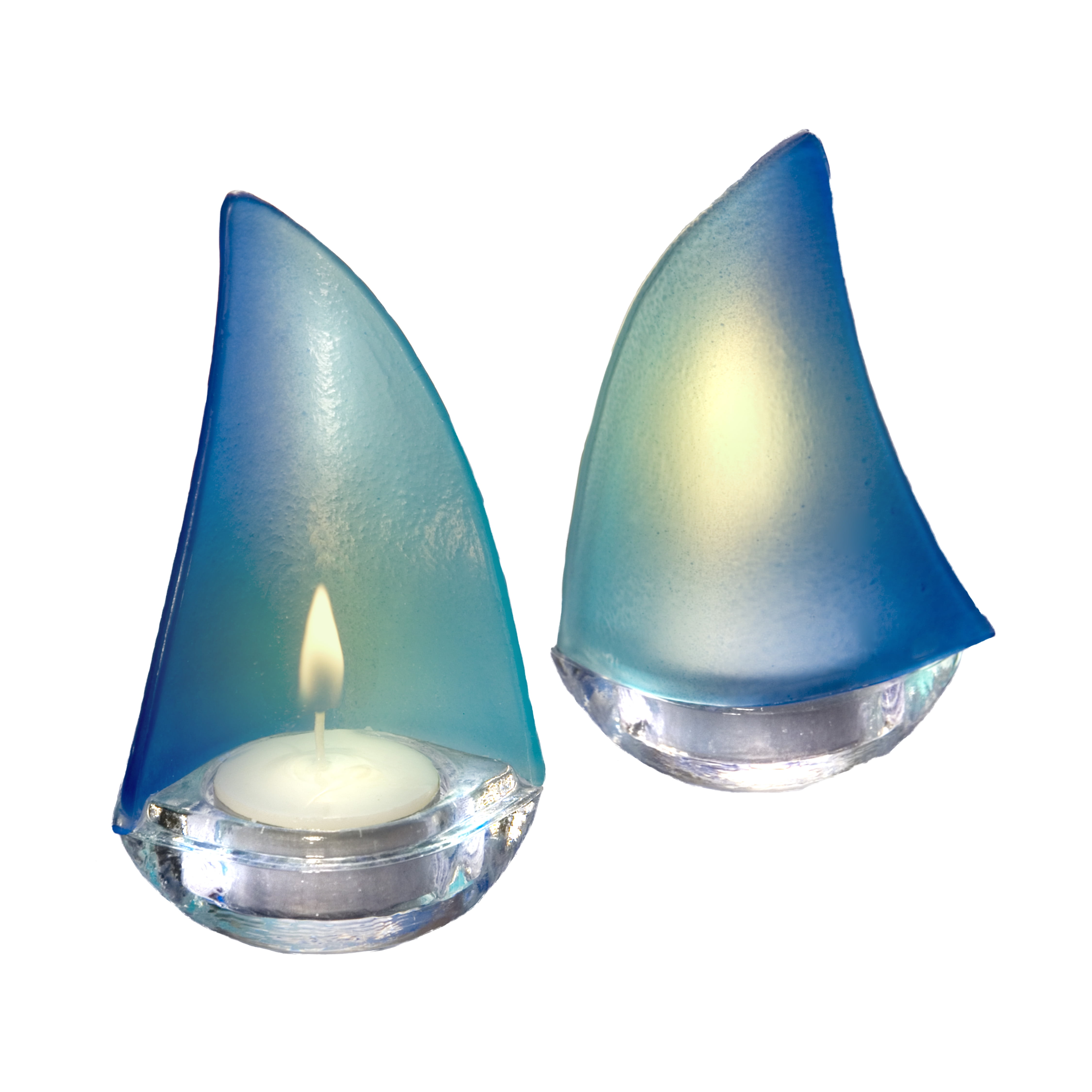 Fashioncraft Blue Frosted Glass Stylish Sailboat Votive Tea Light Candle Holders Set of 2 