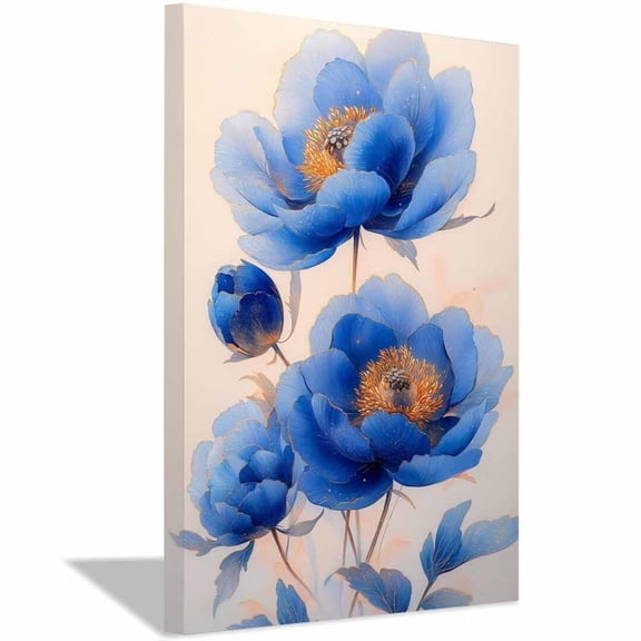 Mudket Framed,Floral Canvas Wall Art,Ready to Hang,Blue Peony Floral Canvas Print,Botanical Wall Decor,Abstract Flower Poster, for Bedroom Kitchen Living Room Office Decor - 12"L x 8"W
