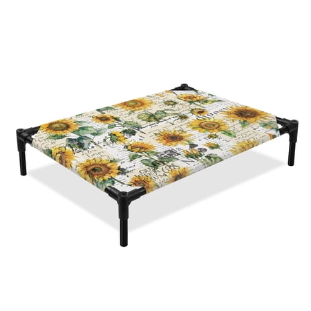 Summer Vintage Elevated Dog Bed Sunflowers White Old Newspaper Texture Cooling Breathable Outdoor Raised Dog Cot Bed with Metal Frame Non-Slip Feet for Medium Dog 24x20in