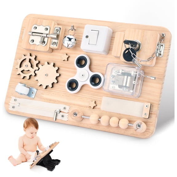 Montessori Wooden Busy Board - Sensory Toys for Toddlers Fine Motor Skills - Activity Board Toys for Kids - Educational Fidget Travel Toys for Baby Boy & Girl - Birthday Gifts