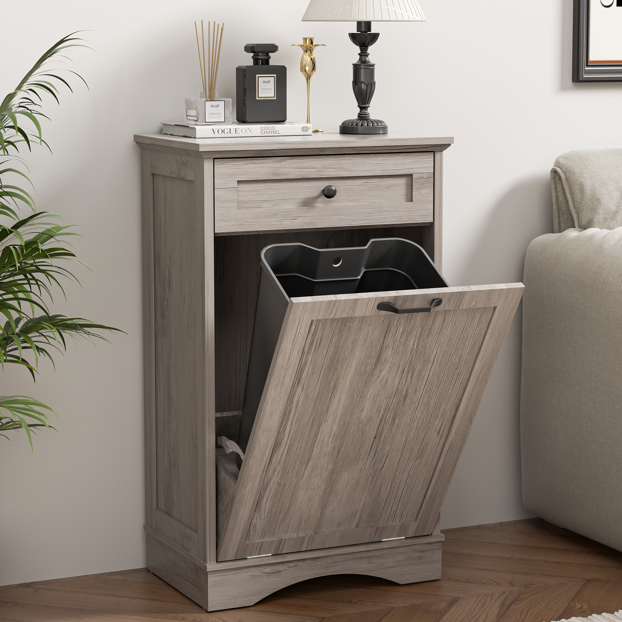 HARIPUL 13 Gallon Tilt Out Trash Cabinet for Kitchen, Single Kitchen Trash Can Cabinet with Drawers, Light Brown