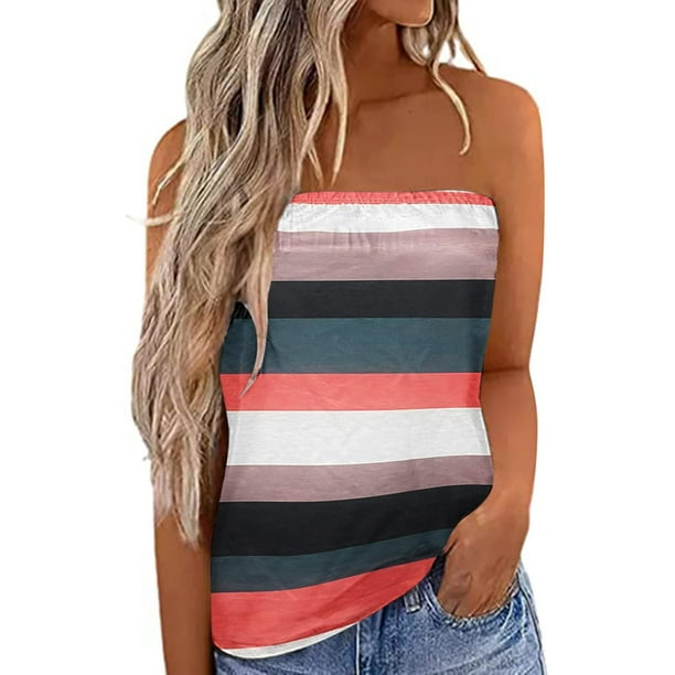Camisas Para Mujer Sin Tirantes Bandeau Tank Top Rayas Patrón Tube Tops Casual Erógeno Fuera Del Hombro Blusa de Vacaciones Top Odeerbi ODB124144