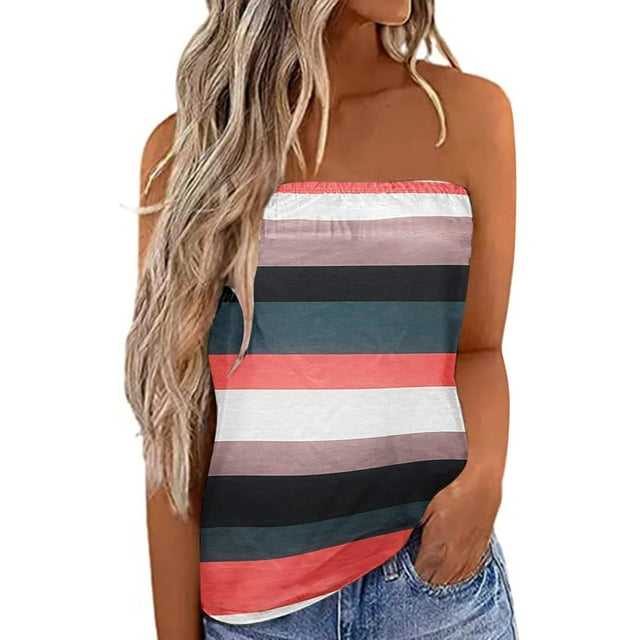 DPTALR Strapless Bandeau Tank Top For Women Summer Striped Pattern Tube Tops Casual Off Shoulder Holiday Blouse Top