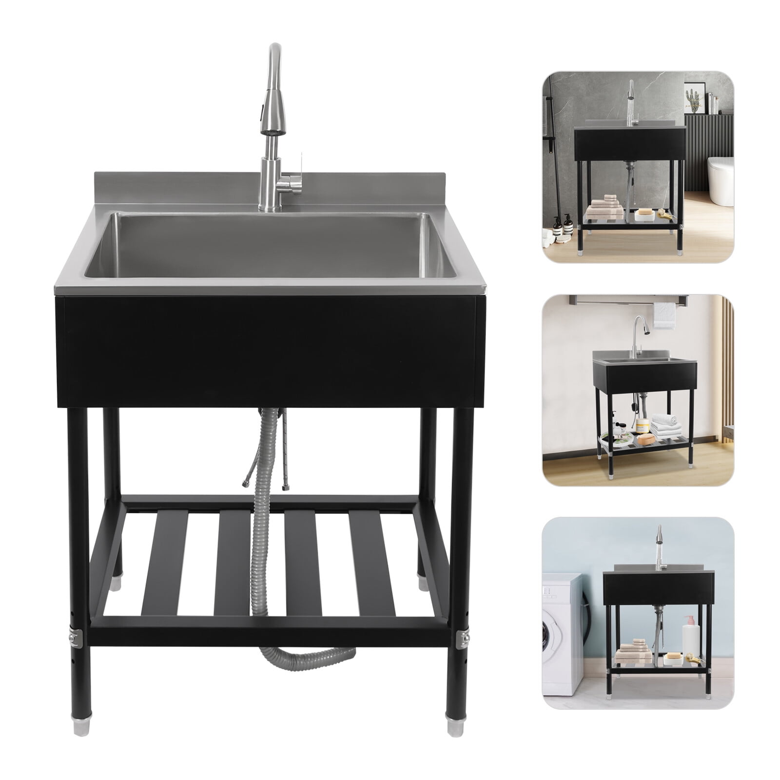 Utility Sink Free Standing Kitchen Sink with Cold and Hot Faucet Stainless Steel