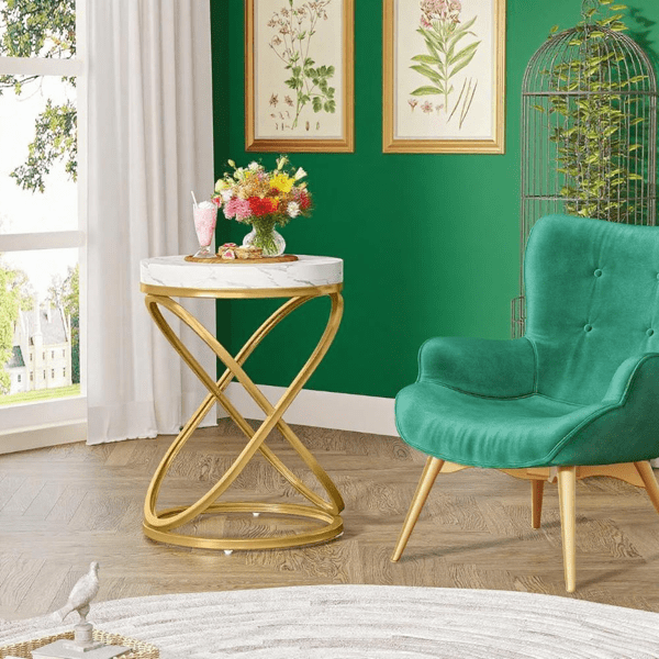 Faux Marble Round End Table, Large Top, Gold Metal Frame for Bedroom/Living Room as Nightstand/Sofa Side Table