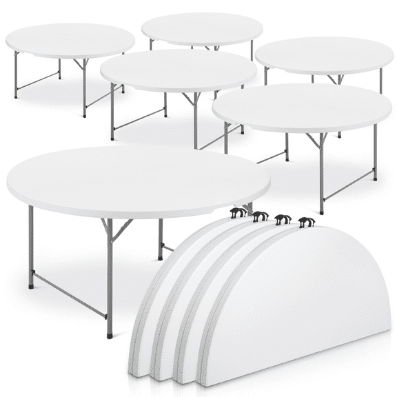 MoNiBloom 5Ft Bi-Fold Plastic Folding Table Set of 10, Indoor Outdoor Round Foldable Commercial Card Table for Kitchen Party Wedding, White/Grey