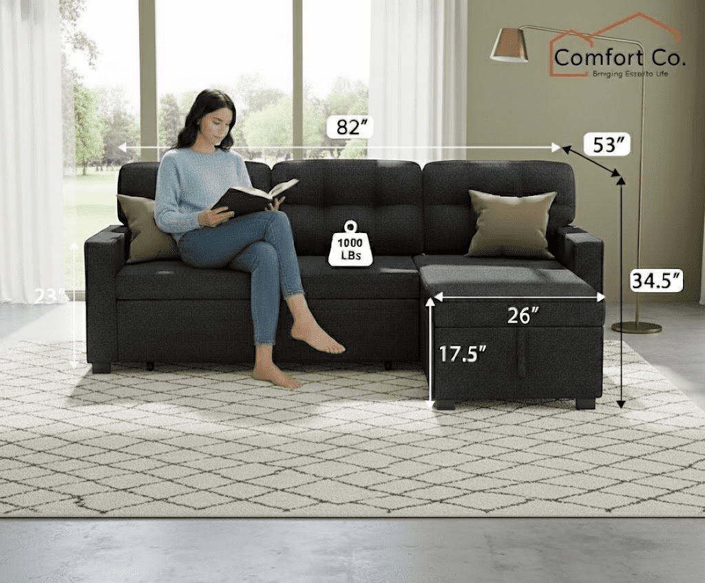 Howcool 82" Sectional Sofa Bed, L-Shaped Sleeper Pull Out Couch with Storage Chaise & USB Charging Ports, Linen Fabric for Small Apartment Living Room,Dark Grey