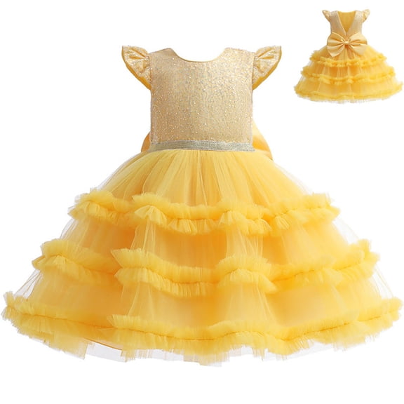 Little Girls' Sequin Mesh Tull Dress Bowknot Party Ball Gown