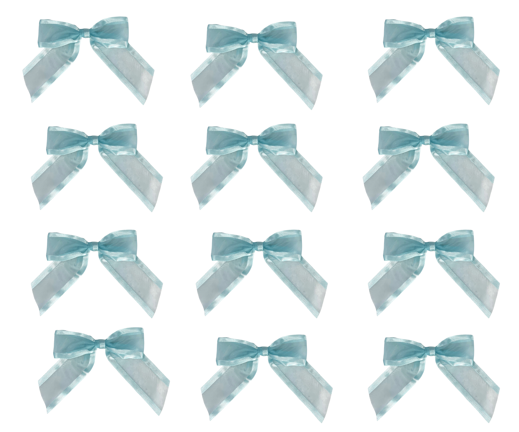 Pre-Tied Light Blue Organza Bows - 4 1/2 inch Wide, Set of 12, Craft Ribbon Bow, Satin Edge, Christmas, Wedding, Easter, Party Favors, Baby Shower