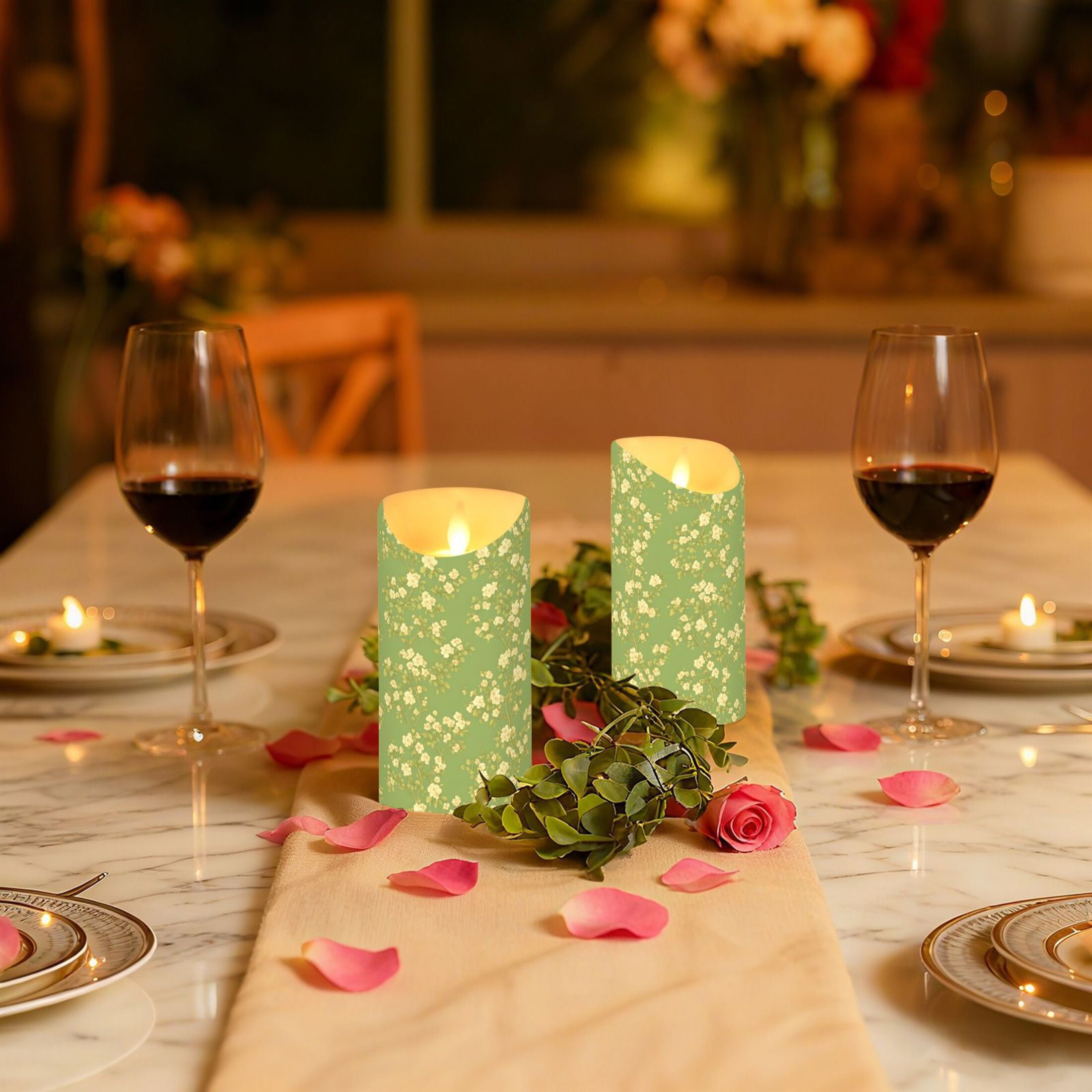Green Floral Pattern Flameless Candles 2 PCS with Remote Realistic Moving Flame LED Tapered Pillar Set for Home Decor