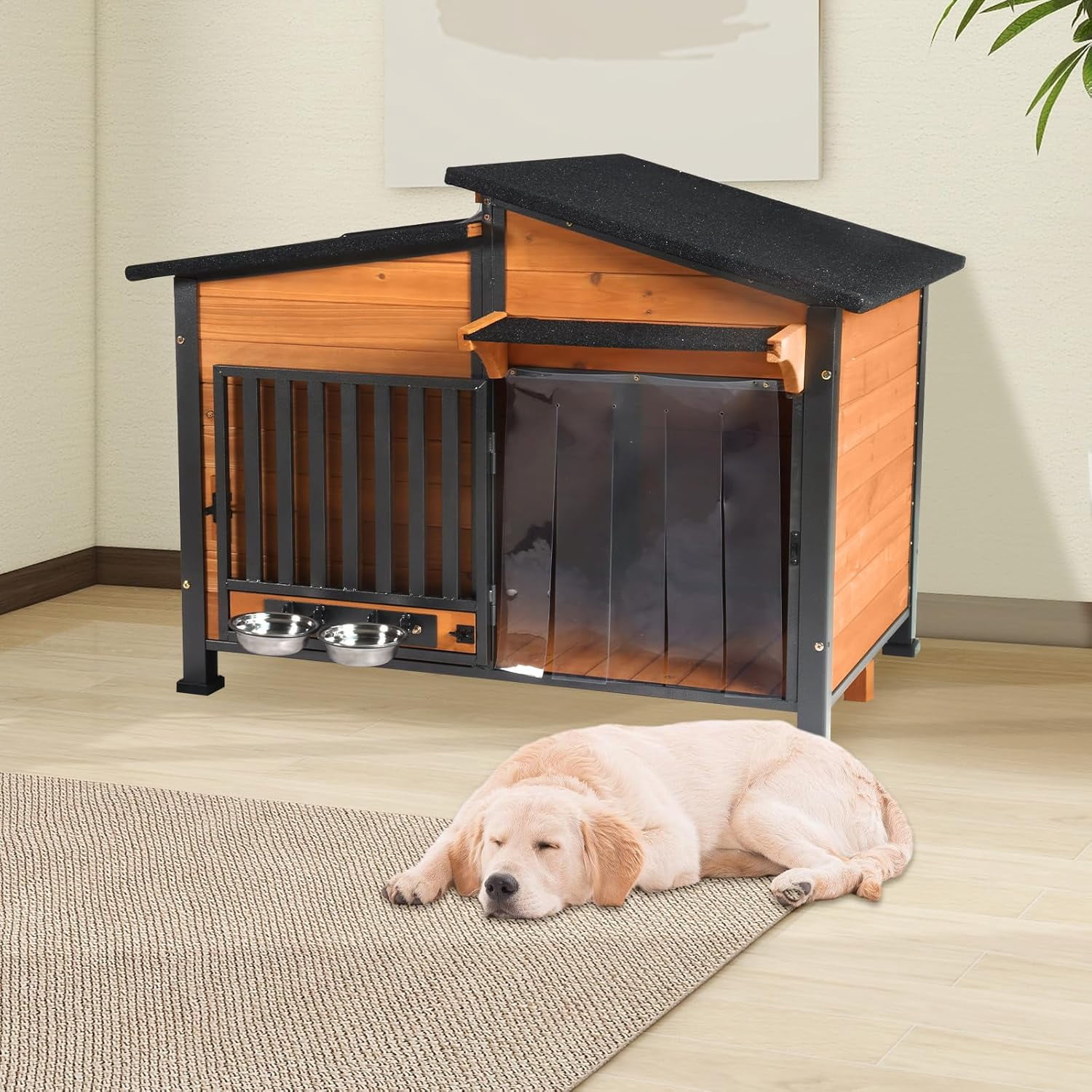 Aivituvin Dog House for Outdoor Use with Matel Frame, Waterproof Design - All-Weather Wooden Kennel with Sliding Window & Metal Frame