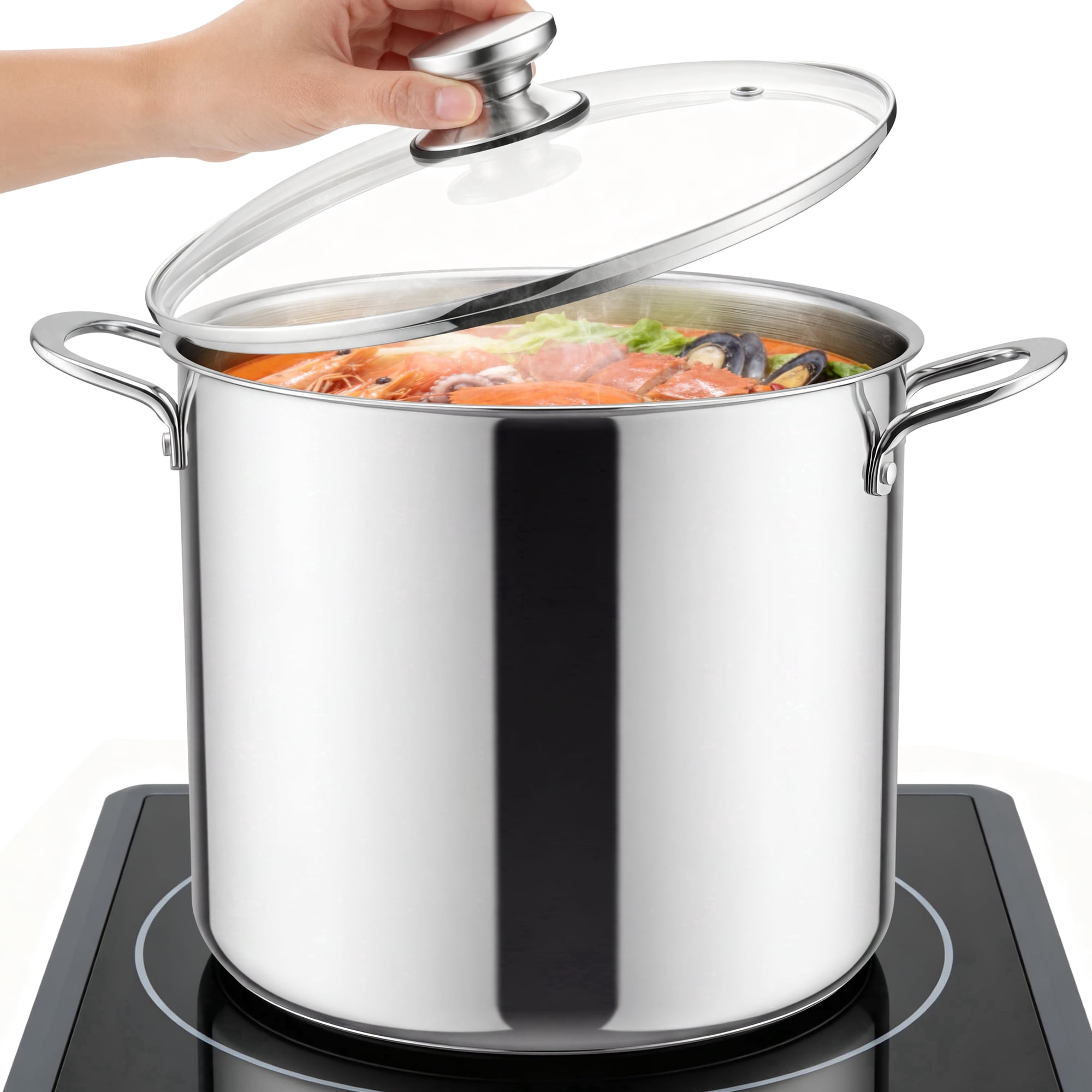 Coliware 16QT Stainless Steel Stock Pot with Glass Lid, Large Cooking Soup Pot with 3-Ply Bottom Compatible with Gas Electric Ceramic Induction, Kitchen Cookware & Dishwasher Safe