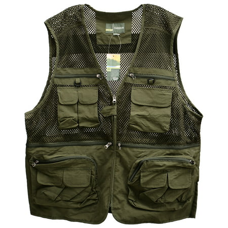 Men's Sports Photography Fishing Vest Multi Pocket Sleeveless Zipper Mesh Jacket Color:Army green (Best Vests For Summer)
