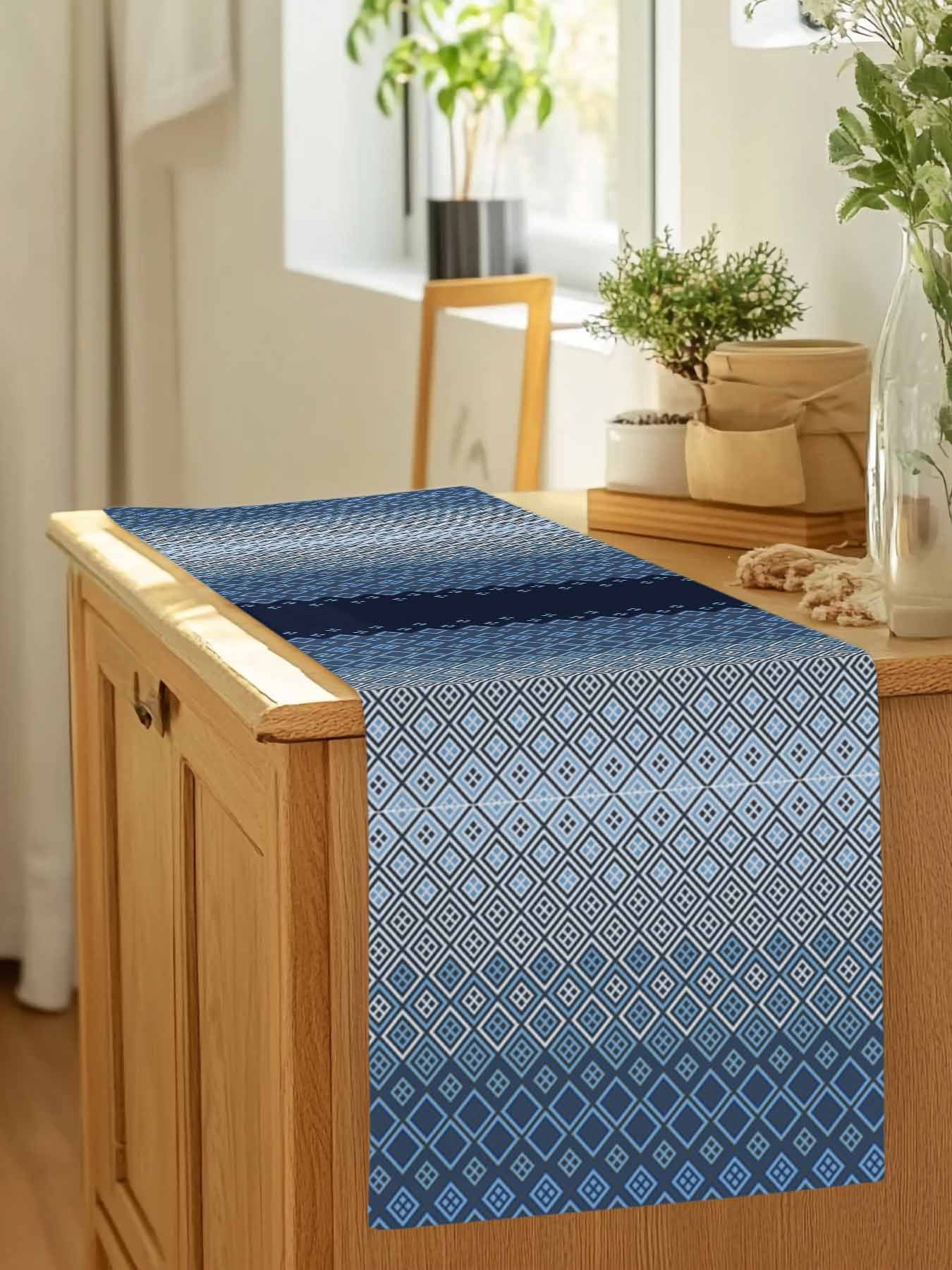 Geometric Art Diamond Checker Table Runner 90 Inches Long, Modern Blue Ombre Gradient Table Runners Tabletop Scarf Kitchen Dining Tables Decoration for Home Party Indoor Outdoor