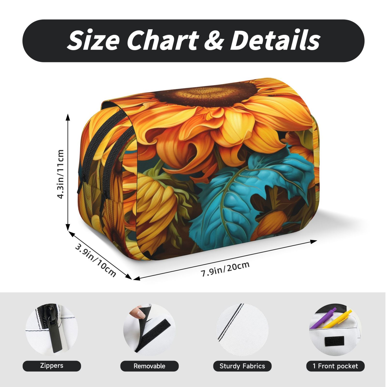 Rateoe Deep Yellow Colorful Sunflower Pattern Double Clamshell Pen Case, Storage Organizer with Two Zipper Compartments– Holds Up to 50 Pencils & Pens