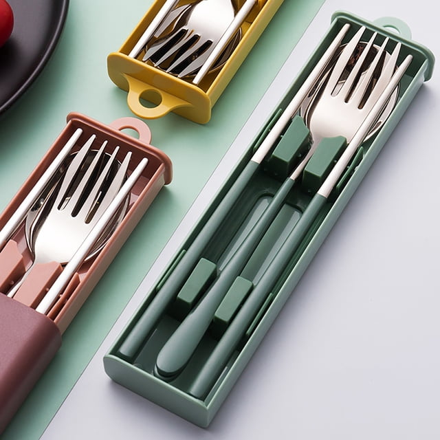 Neinkie Portable Travel Utensils Set with Case Reusable Cutlery Set Stainless Steel Chopsticks Spoon and Fork with Case for Lunch Box Travel and Camping