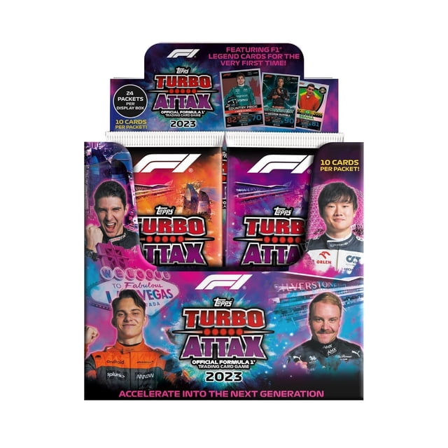 2023 Topps Turbo Attax Formula 1 Cards - 24-Pack Box featuring vibrant packaging with Formula 1 branding and colorful designs inspired by glamorous race locations. The box includes 24 packs, each containing 10 cards, for a total of 240 cards, with limited edition cards available.