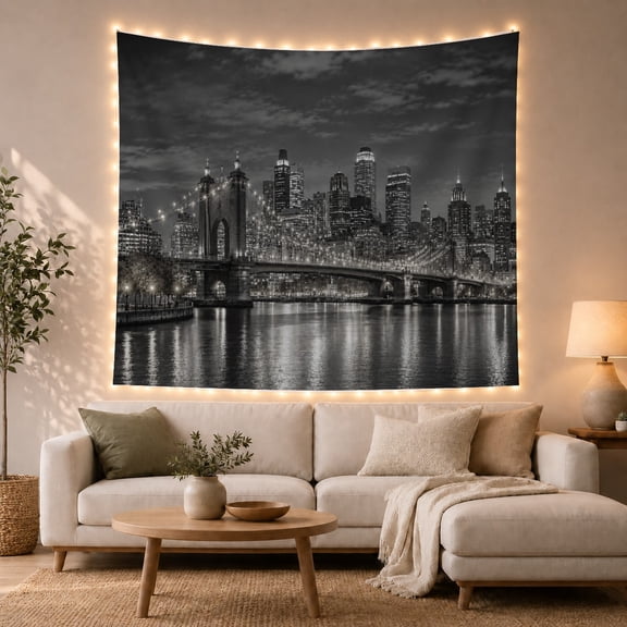 Monochromatic Brooklyn Bridge Cityscape Against Dark Sky Moody Vintage for Art Enthusiasts Urban Nightscape Decor Housewarming Gift Tapestry Wall Hanging for Living Room and Bedroom