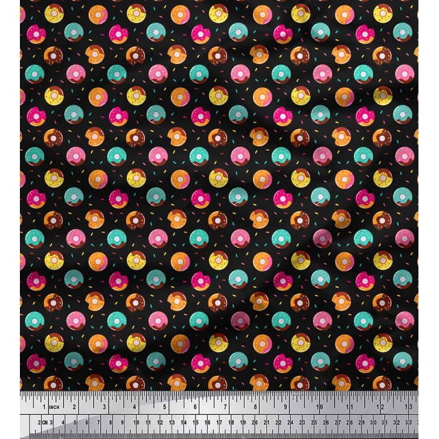 Soimoi Black Poly Georgette Fabric Donuts Food Decor Fabric Printed Yard 52 Inch Wide