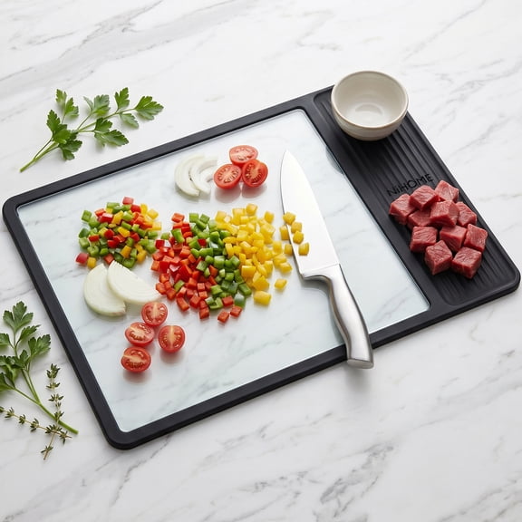 NiHome Glass Cutting Board 15"x10.6", Tempered Glass Chopping Board with Non-Slip Silicone Edges, Dual Zones for Meat and Vegetables, Heat Resistant to 350°F, Dishwasher Safe, Easy to Clean (Black)