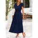 thumbnail image 4 of Vestido largo PRETTYGARDEN Verano 2025 con cuello en V y volantes, azul marino, 4 of 9