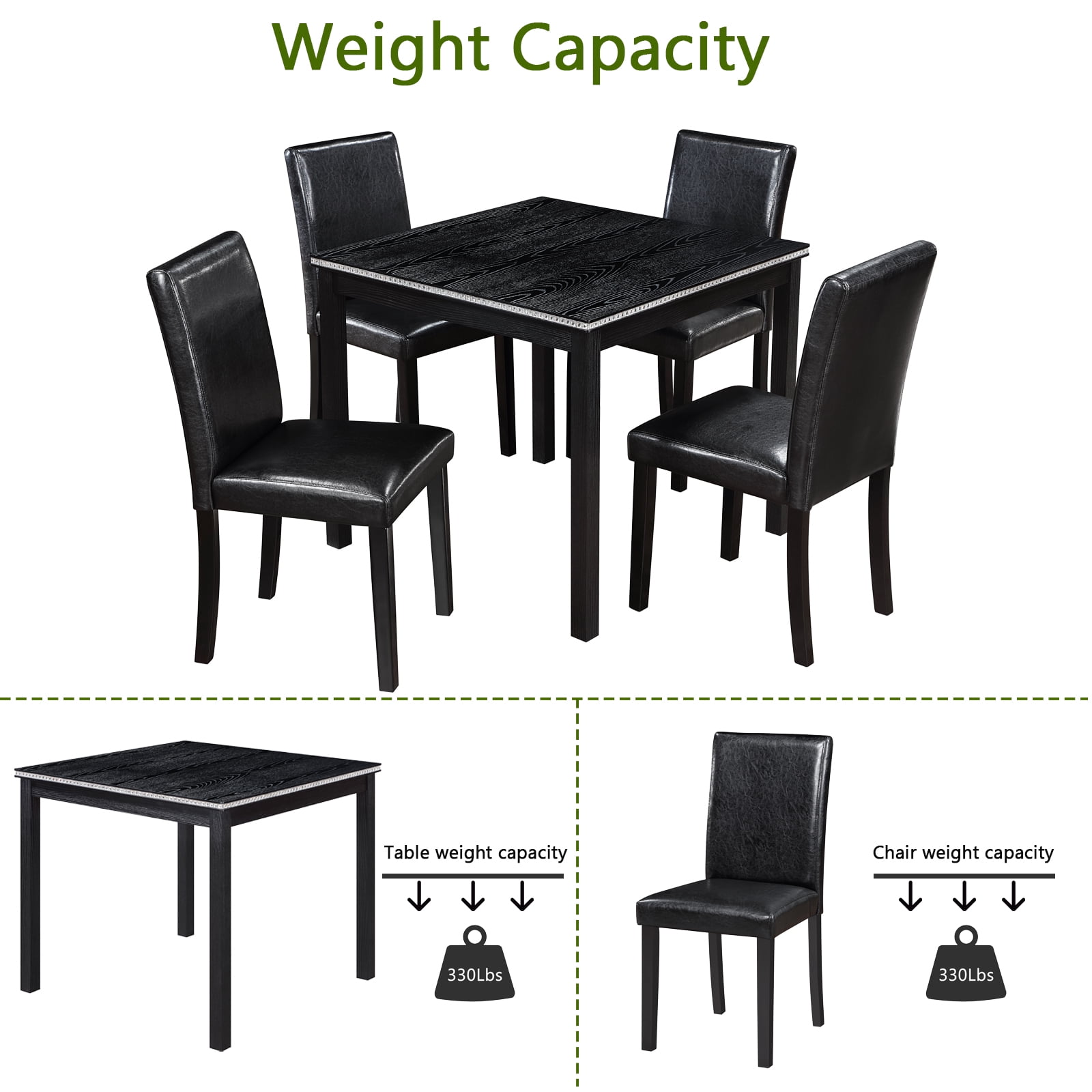 MAYEERTY 5 Piece Wooden Dining Table Set, Kitchen Table Set with a Square Table and 4 Upholstered Chairs, Wooden Dining Room Table with Crystal Decoration Chairs Set, Black