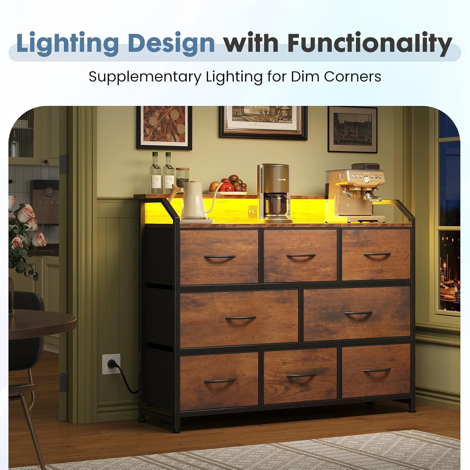 Betcozy 9 Drawer TV Stand with LED Lights & Power Outlet, 35" Tall Dresser for Bedroom & Living Room, Entertainment Center with Charging Station, 1.5mm Heavy-Duty Frame Storage Tower, Brown