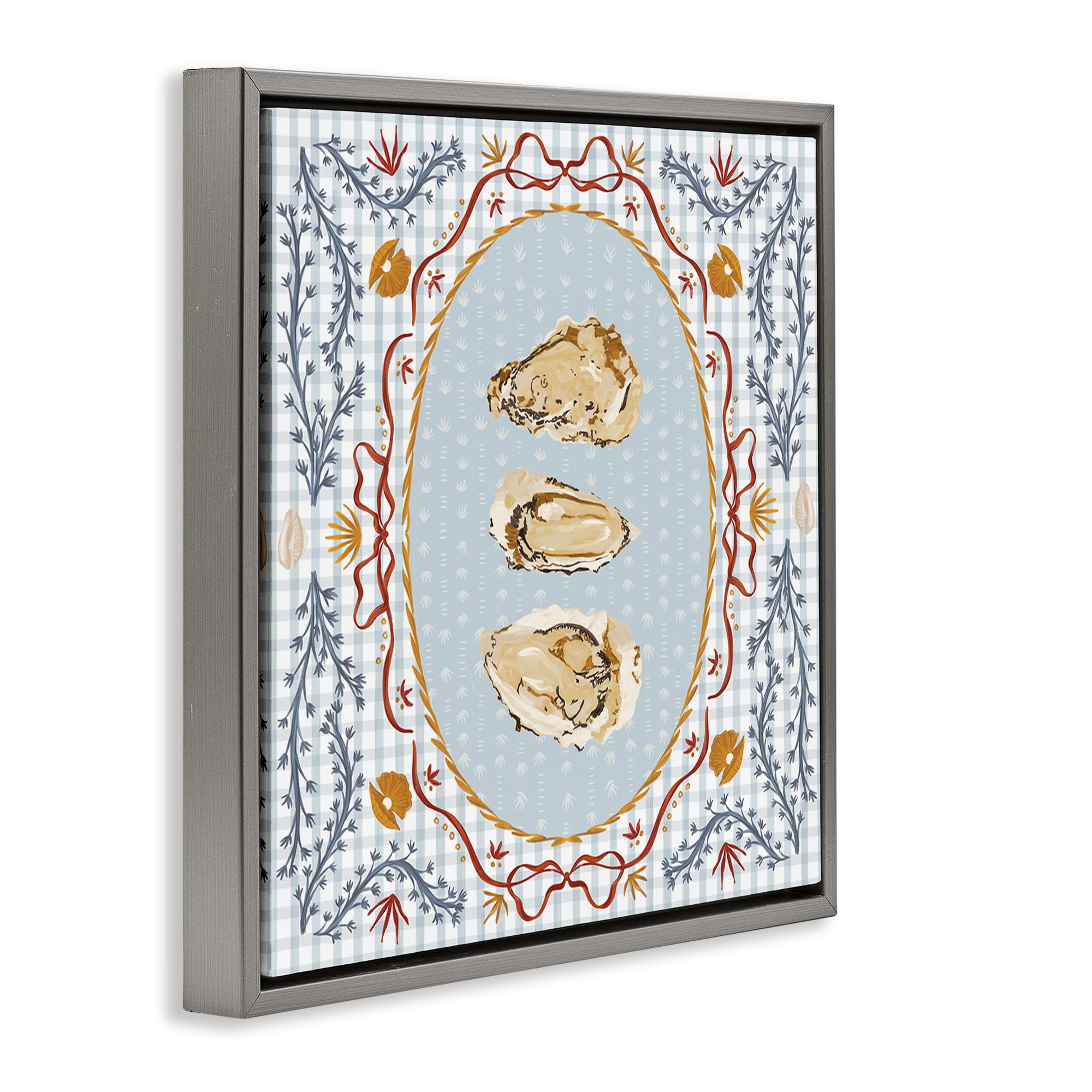 Stupell Industries Oyster Trio on Blue Gingham Gray Framed Floater Canvas Wall Art, design by Vero Illustrates