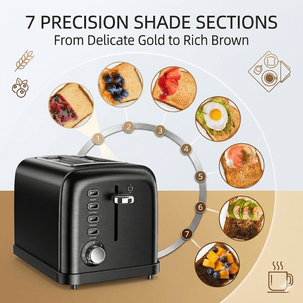 Koramzi Toaster 2 Slice, Extra Wide Slot Toaster for Bagels, Bread, Waffles, 7 Shade Settings, 4 Main Functions, Removable Crumb Tray, 900 Watts Toasters, Black Stainless Steel