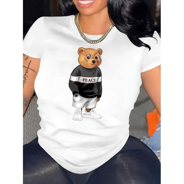 Camisetas con estampado para mujer, camisetas de manga corta de verano 2025, blusas casuales con cuello redondo para adolescentesWomen's Trendy Bear Print T-Shirt - Casual Crew Neck, Short Sleeve,