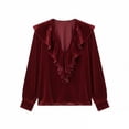 thumbnail image 6 of ClodeEU Women V Neck Ruffle Trim Long Sleeve Velvet Blouse,Casual Elegant Loose Dressy Shirt Wine,Women's Plus S, 6 of 6