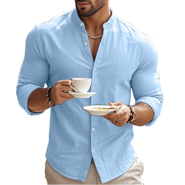 pstuiky camisetas de manga larga para hombre, Camisas casuales de lino a la moda para hombre, de color liso, con botones y cuello alto, de manga larga camisetas de hombre xxl
