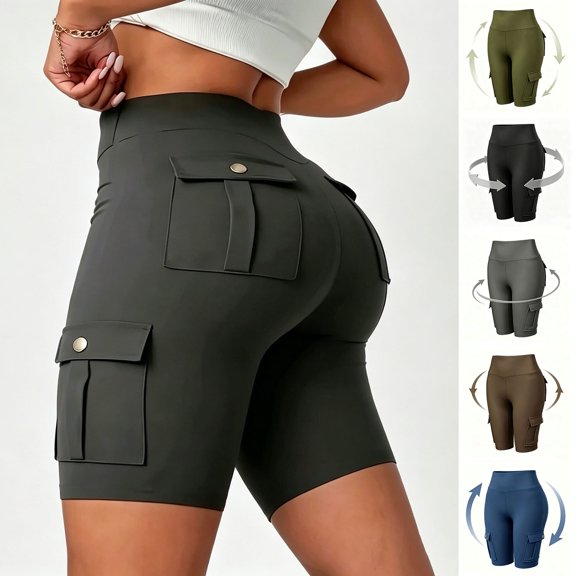 High Waist Cargo Biker Shorts For Women Summer Fall Tummy Control Athletic Workout Yoga Shorts, S-XXL