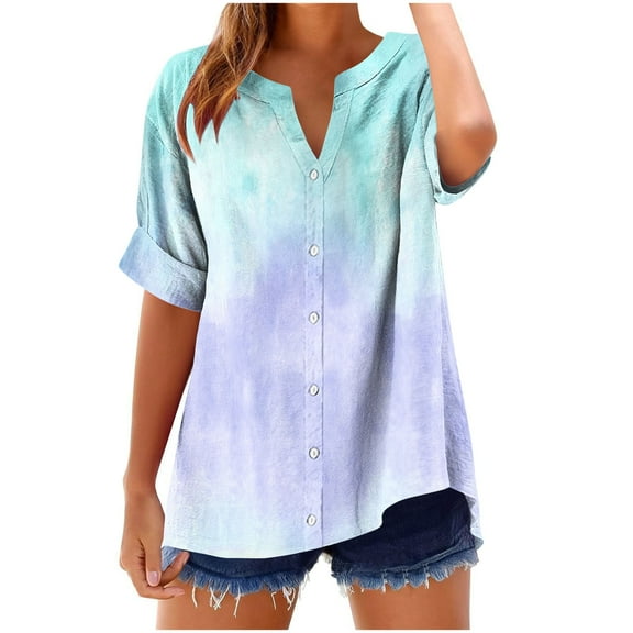 Women's Gradient Button Down Shirts Fold Short Sleeve Business Casual Tops V Neck Summer T Shirts Dressy Work Blouses