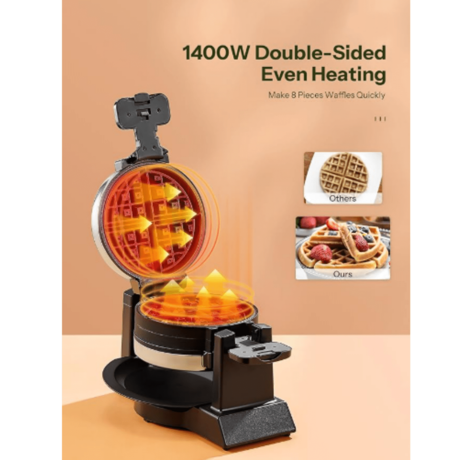 Classic Waffle Iron, Double Belgian Waffle Maker 180°Flip, 1400W Waffle Iron 8 Slices, Rotating & Nonstick Plates with Removable Drip Tray, Cool Touch Handles, Stainless Steel (8 Slices)