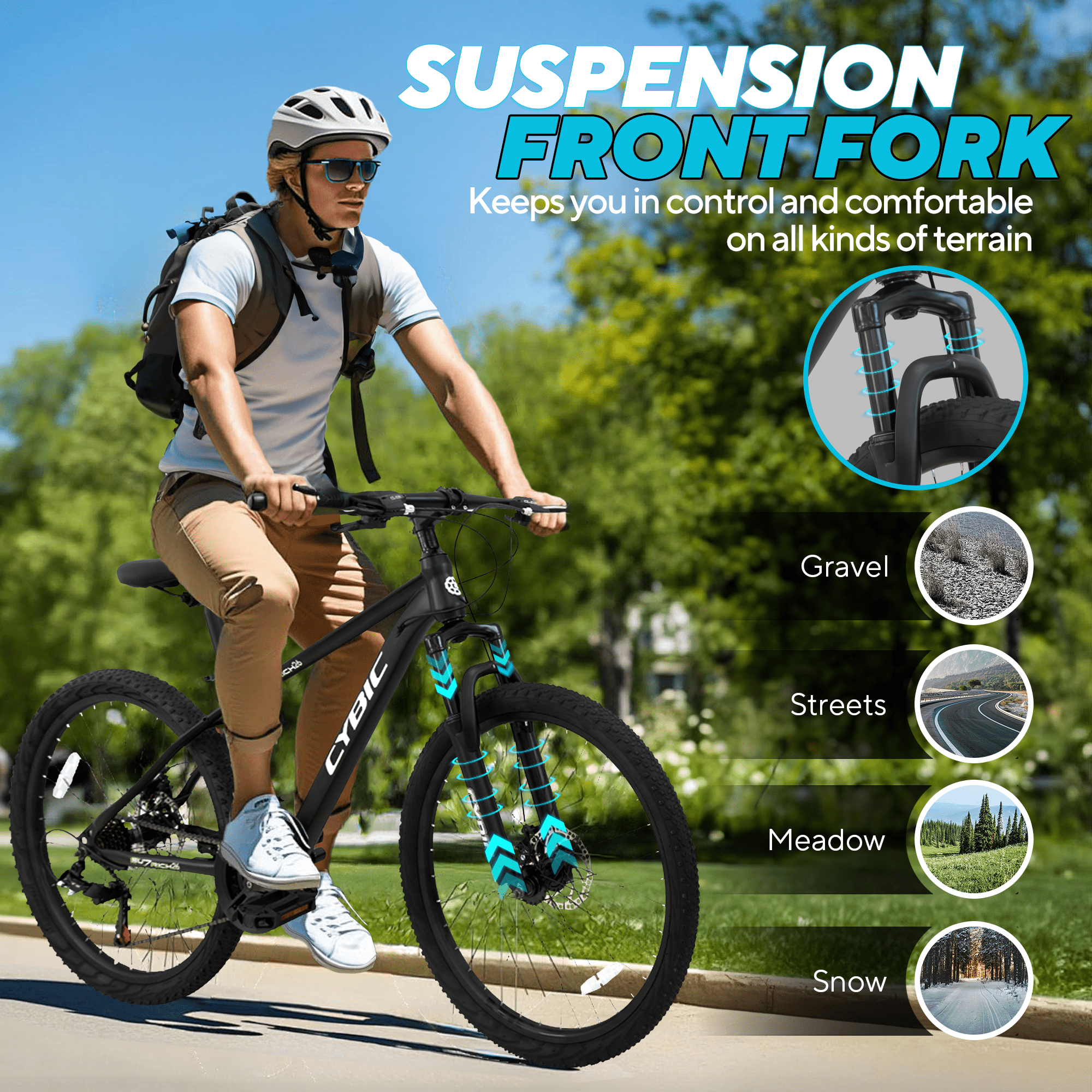 Cybic 26 Inch Mountain Bike, Iron Frame 21 Speed Bicycle with Disc Brakes, Durable All Terrain Bike for Men & Women, Black