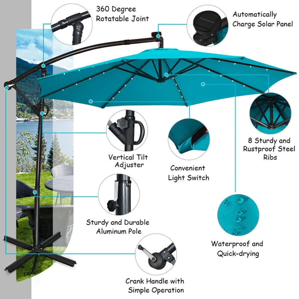 Aimee Lii 10FT 360° Rotation Solar Powered LED Patio Offset Umbrella, Table Umbrella Outdoor Patio, Turquoise Aimee Lii 10FT 360° Rotation Solar Powered LED Patio Offset Umbrella, Table Umbrella Outdoor Patio, Turquoise