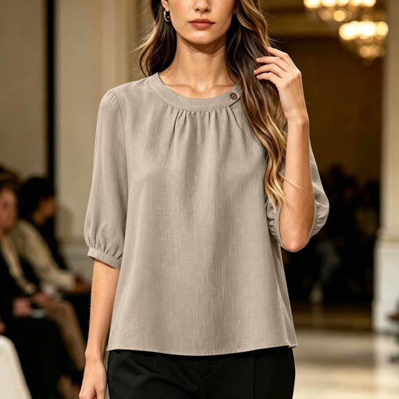 Womens Cotton Linen T Shirts Elbow Length Sleeve Crew Neck Tops for Women Summer Lightweight Tshirts
