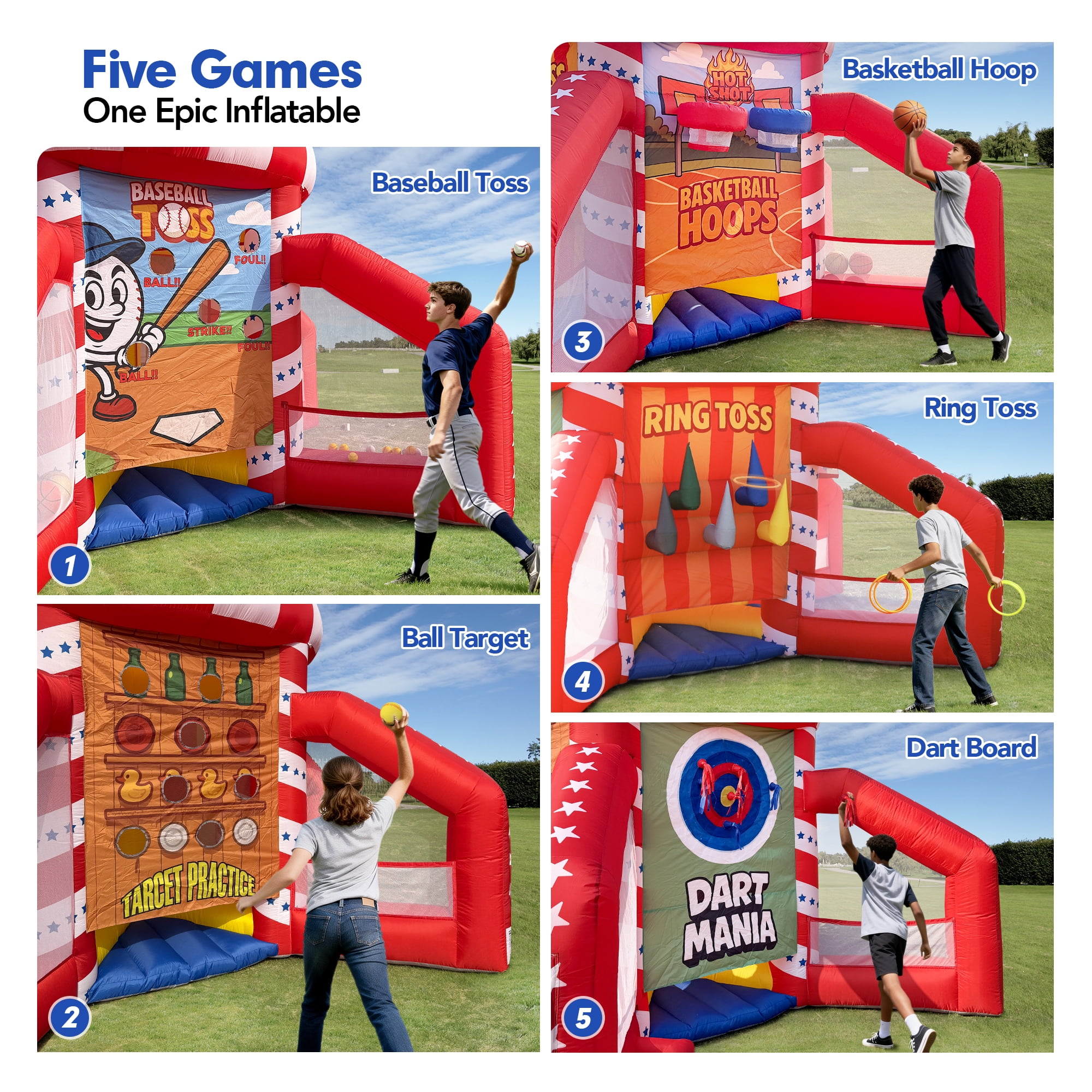 Wellcomer Inflatable 5in1 Carnival Game, Portable Baseball Toss, Basketball Hoop, Dart Board, Ring Toss
