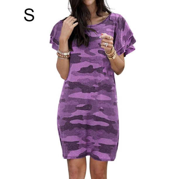 Vestido de mujer Camiseta larga con estampado de camuflaje Vestido suelto de manga corta, Morado, S sidaley AP002154-17