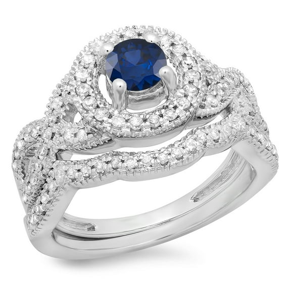 Dazzlingrock Collection 14K Round Cut Blue Sapphire & White Diamond Swirl Bridal Halo Engagement Ring Set, White Gold, Size 10