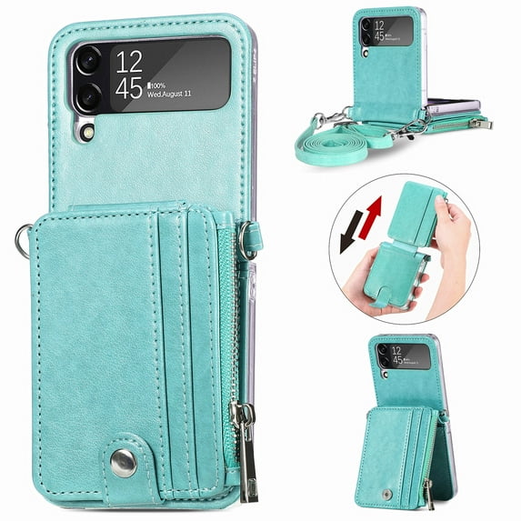 Nalacover for Samsung Galaxy Z Flip4 Crossbody Wallet Case with Detachable Card Slots Shoulder Strap, Zipper Pocket Premium PU Leather Shockproof Flip Cover with Kickstand Lanyard Case, Green