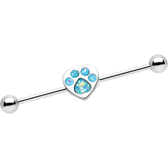 Body Candy Steel Iridescent Blue Accent Paw Print Heart Industrial Barbell 14 Gauge 38mm