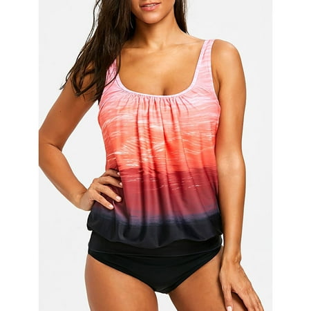 Women Beachwear Sexy Pleated Gradient Print Padded Swim Tankini Monokini Swimwear Set